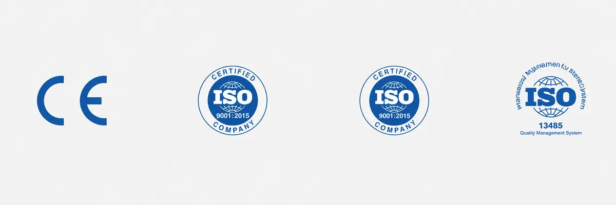 Certification and standards logos: CE Mark, ISO 9001:2015, and ISO 13485 quality management system certification