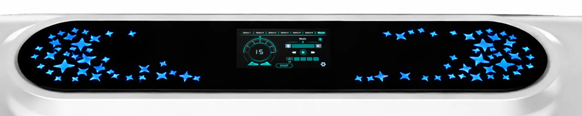 Mito Prime control panel with blue accent lighting and tablet interface showing Option 1 through Option 6 and Manual controls