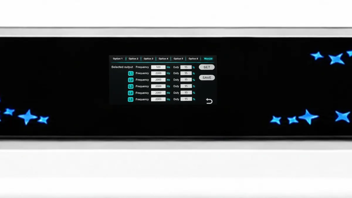 Mito Prime tablet interface showing adjustable frequency, duty cycle, and L1 through L5 controls