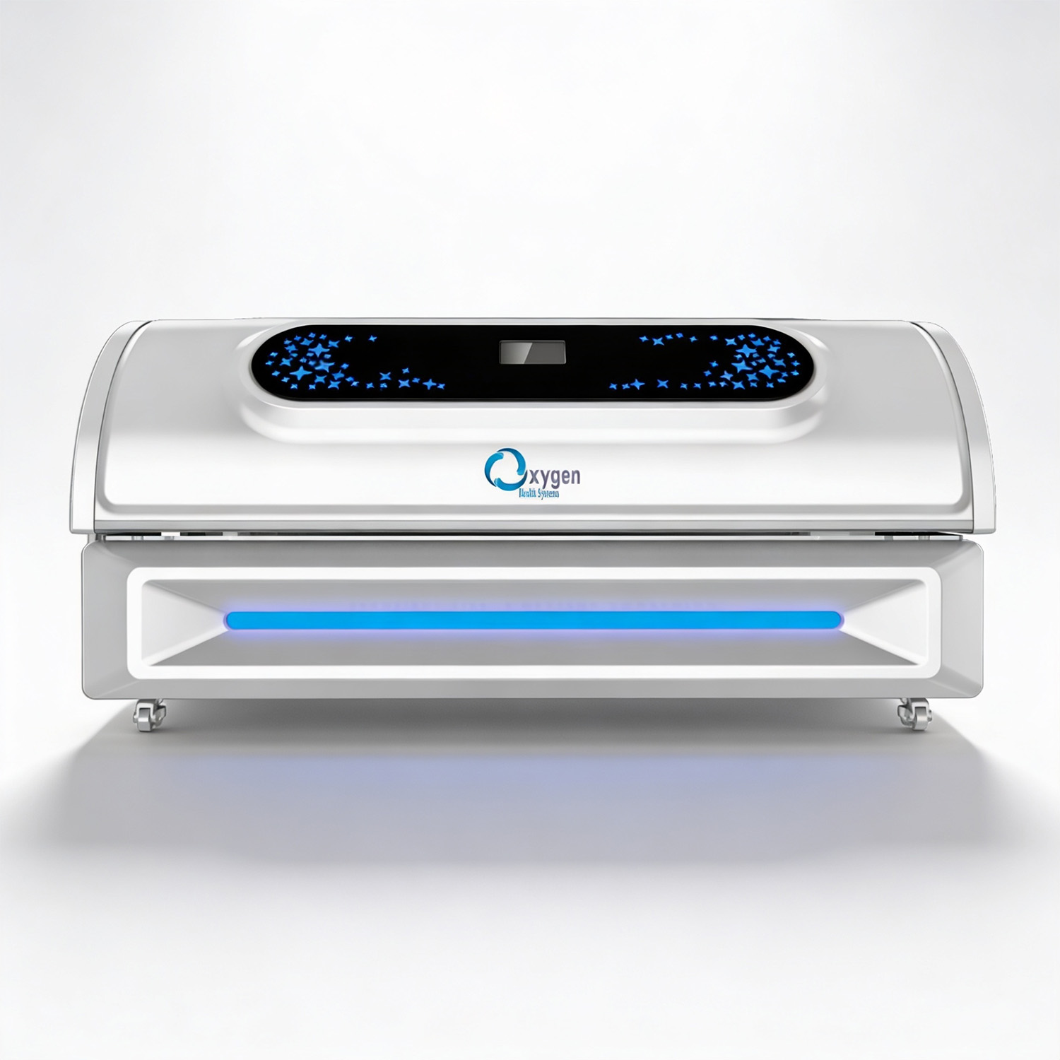 OHS Full-Body Red Light Therapy Bed, front view with tablet control panel and accent lighting