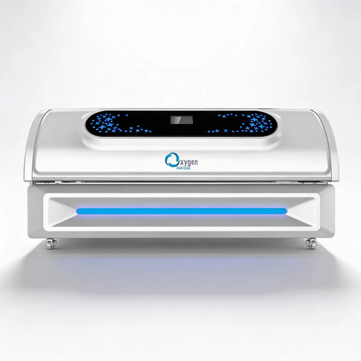 OHS Full-Body Red Light Therapy Bed, front view with tablet control panel and accent lighting
