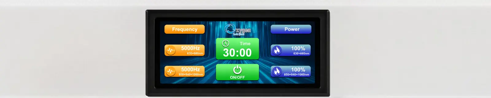Control panel touchscreen showing 5-wavelength frequency and power controls for the Mito Prime
